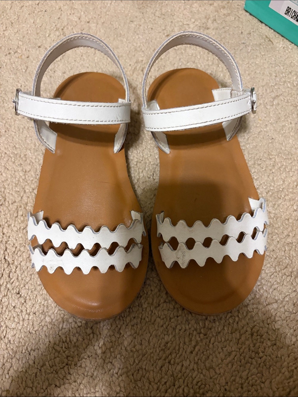 Girls White Scalloped Strap Sandals with Tan Footbed